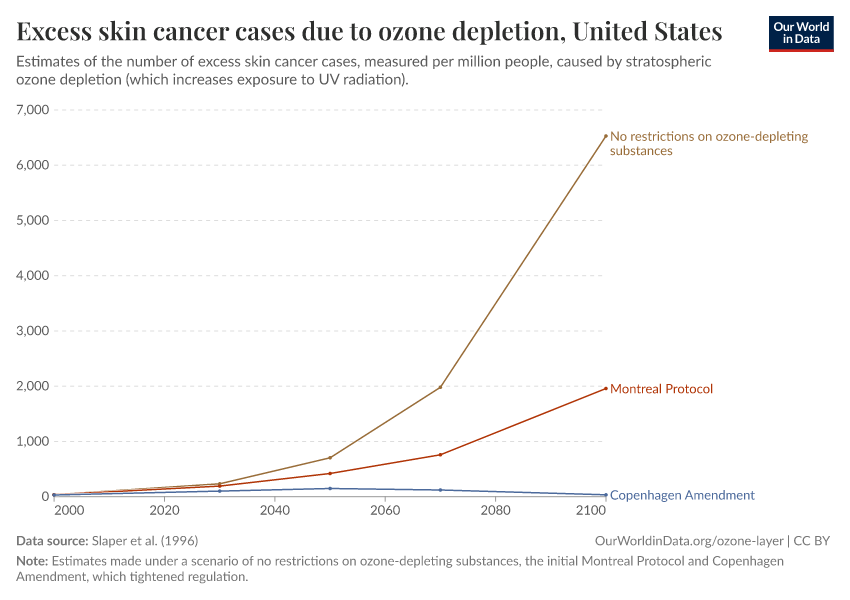 Excess skin cancer cases due to ozone depletion